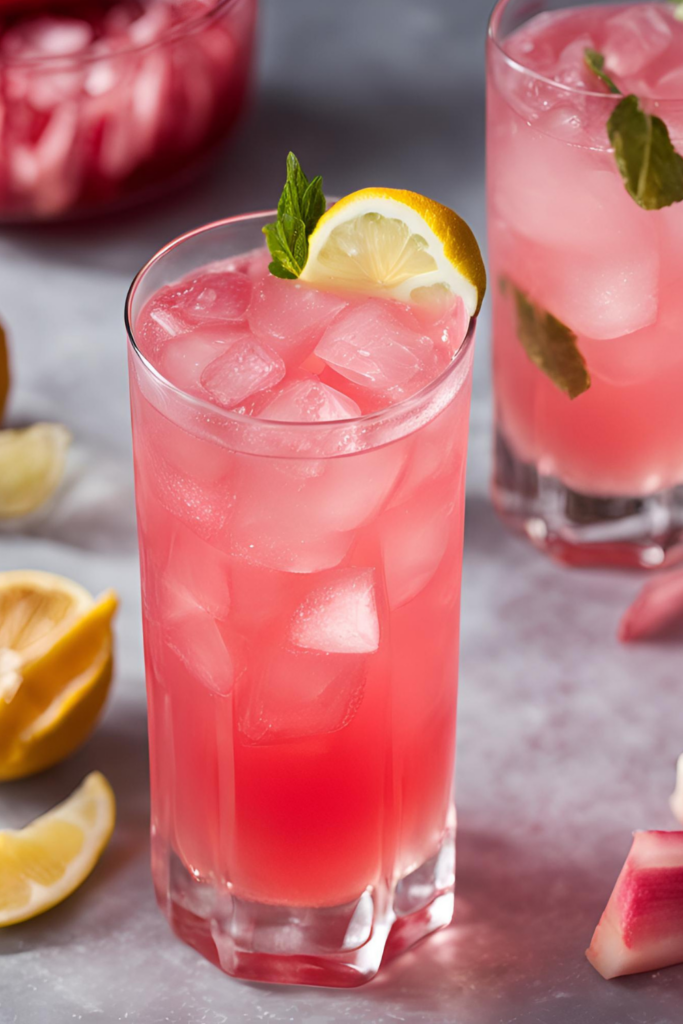 A refreshing Rhubarb Collins served in a tall glass filled with ice. The drink has a vibrant pink hue, showcasing the tartness of rhubarb combined with citrus. Garnished with a lemon wedge and a sprig of fresh mint, it adds a bright and aromatic touch