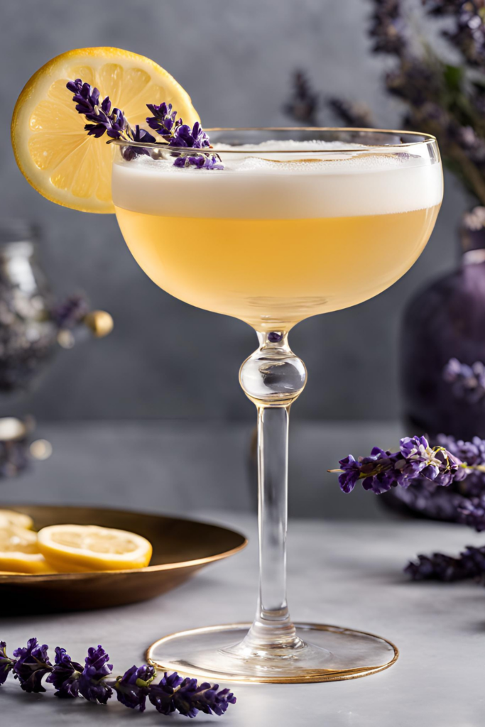 A beautifully crafted Lavender Bee’s Knees cocktail served in an elegant coupe glass. The drink has a soft golden hue with a frothy top and is garnished with a lemon wheel and a sprig of fresh lavender. 