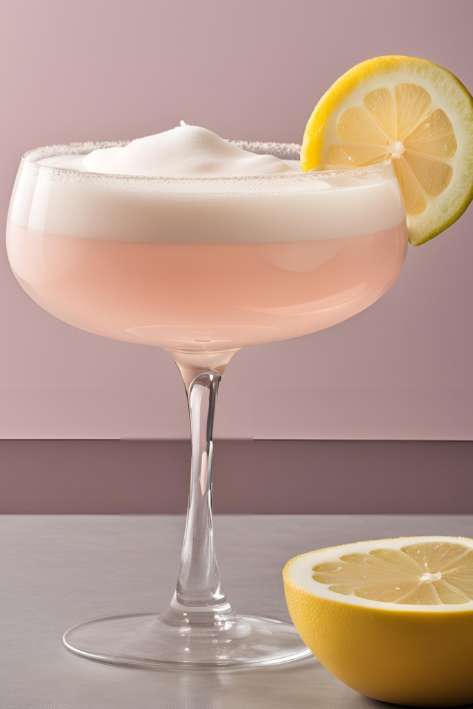 A delicate and frothy Cherry Blossom Fizz cocktail served in an elegant coupe glass. The drink has a soft blush pink hue with a smooth, airy foam on top, creating a luxurious texture. A thin lemon slice rests on the rim.