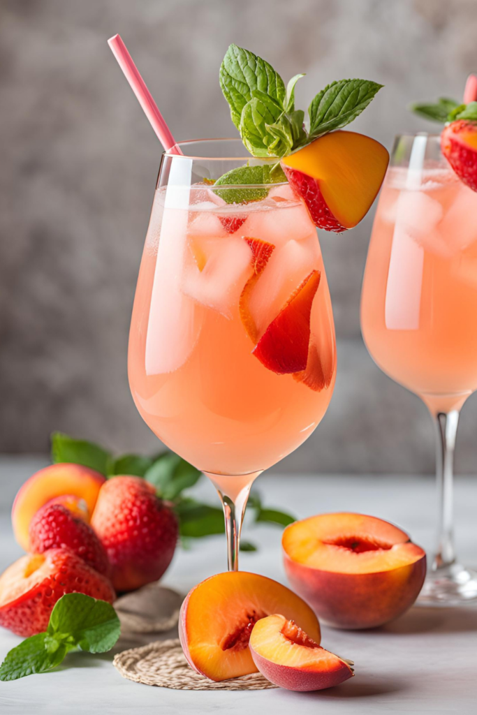 A refreshing Peach Rosé Sangria served in a tall wine glass filled with ice. The drink has a soft pink-orange hue, with slices of fresh peaches and strawberries floating inside. Garnished with a mint sprig and a peach-strawberry skewer