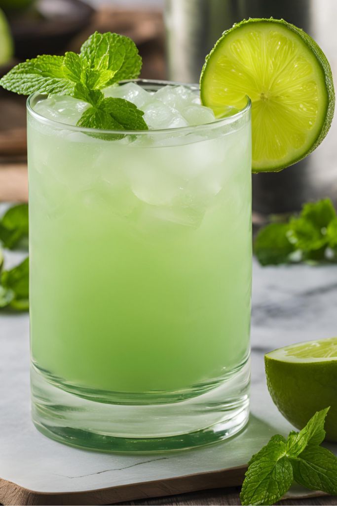 A vibrant Honeydew Mojito served in a short glass filled with crushed ice. The drink has a refreshing pale green hue, highlighting the fresh honeydew melon juice. Garnished with a sprig of mint and a lime wheel