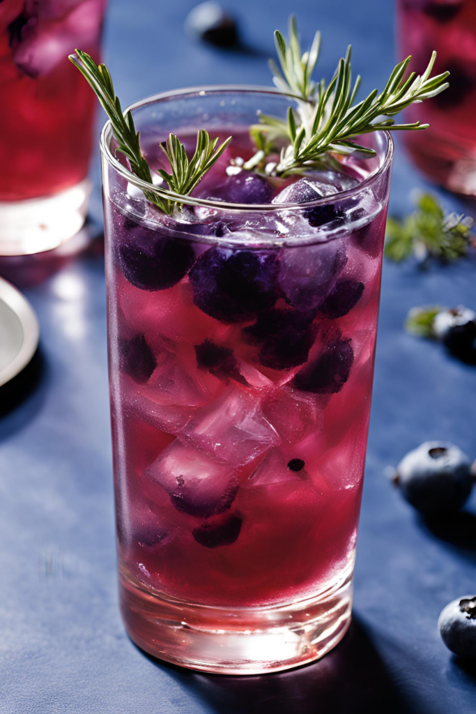 A striking Blueberry Thyme Gin & Tonic served in a tall glass filled with ice and fresh blueberries. The drink has a rich purple-pink hue, with blueberries floating on top, enhancing its deep, fruity aesthetic. Garnished with a sprig of fresh thyme